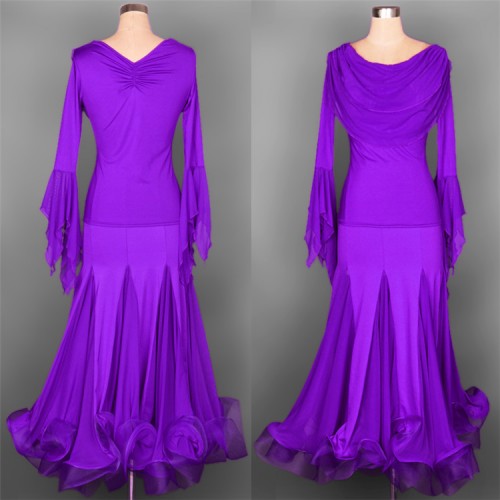 Black red violet purple royal blue long flare sleeves competition performance women's female ballroom dancing dresses